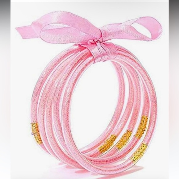 Elegant Pink Bangle Set with Gold Accents - Picture 1 of 6